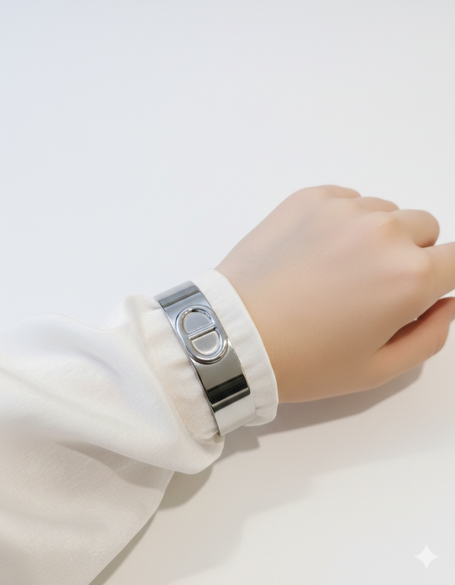 Jonc large ouvert plaqué argent maille marine – Image 2