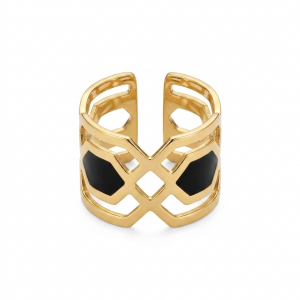 Bague réglable acier doré et émail noir « Ethnie »