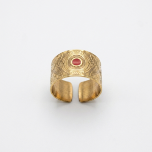 Bague réglable acier doré et émail rouge « Indie»
