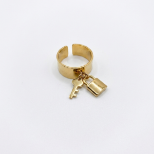 Bague réglable en acier cadenas/clef doré