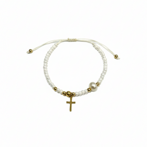 Bracelet croix perles blanches et dorée