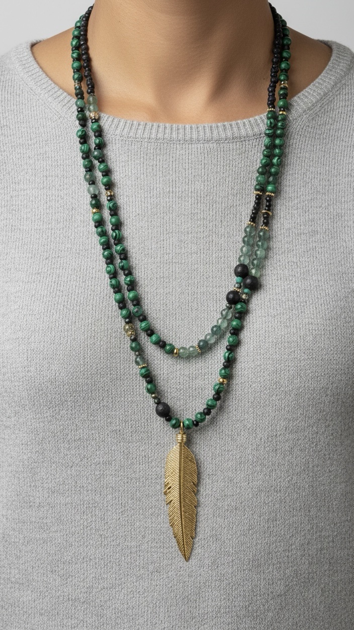 Sautoir Plume Malachite Sauvage – Image 2