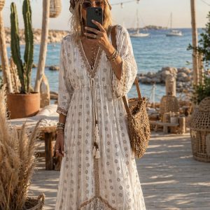 Robe longue bohème blanche et dorée